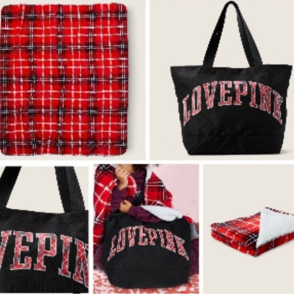 NWT 2pc Victoria's Secret Lovepink Tartan Tote & Tartan Sherpa Blanket Set - Picture 2 of 6